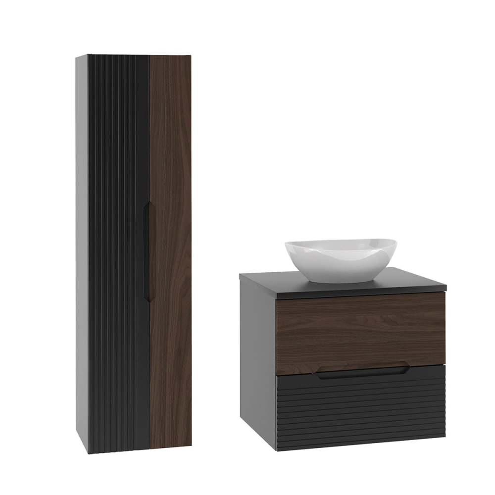 Set aus Einzelwaschtisch 60cm Melamin Schwarz und Holz - Maisons