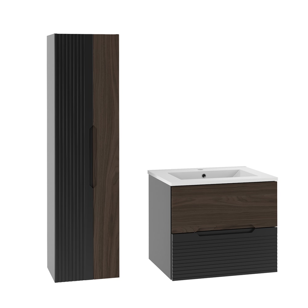 Ensemble meuble vasque encastrée colonne stratifiés marron et noir