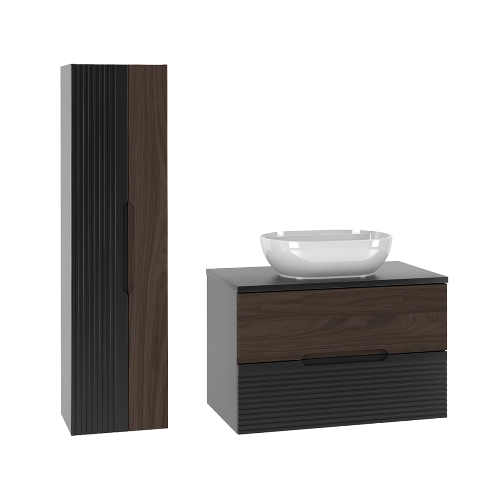 Ensemble meuble vasque colonne stratifiés marron et noir