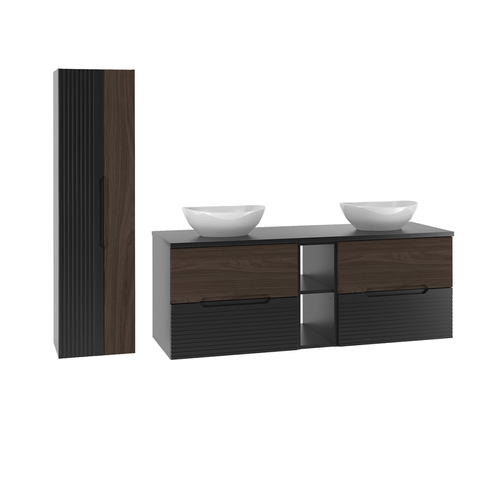 Ensemble meuble double vasque colonne stratifiés marron et noir