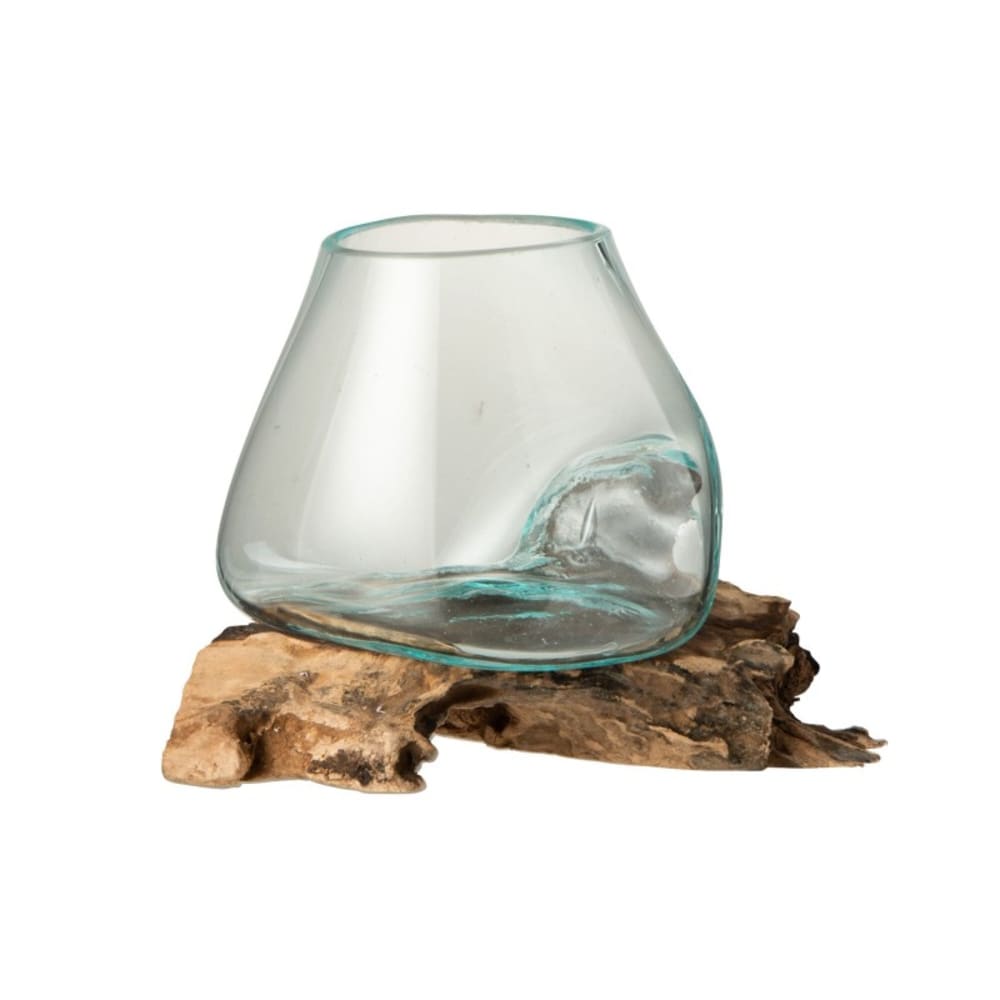 Vase en verre sur socle bois 20x16X20 cm