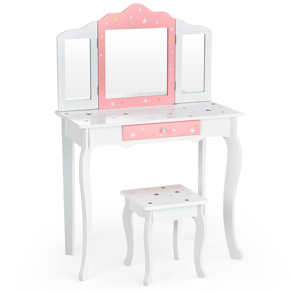 Coiffeuse enfant avec miroir à 3 volets amovible et tiroir blanc