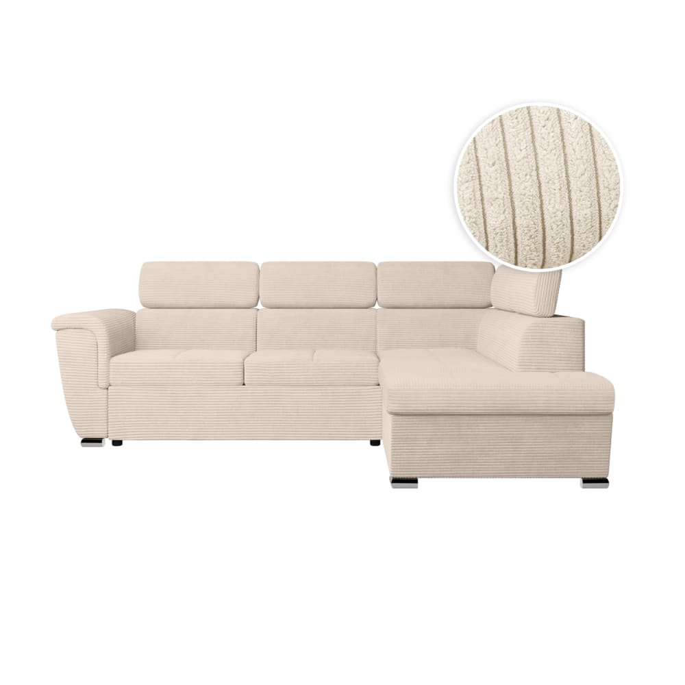 Canapé d'angle droit convertible avec coffre en velours côtelé beige