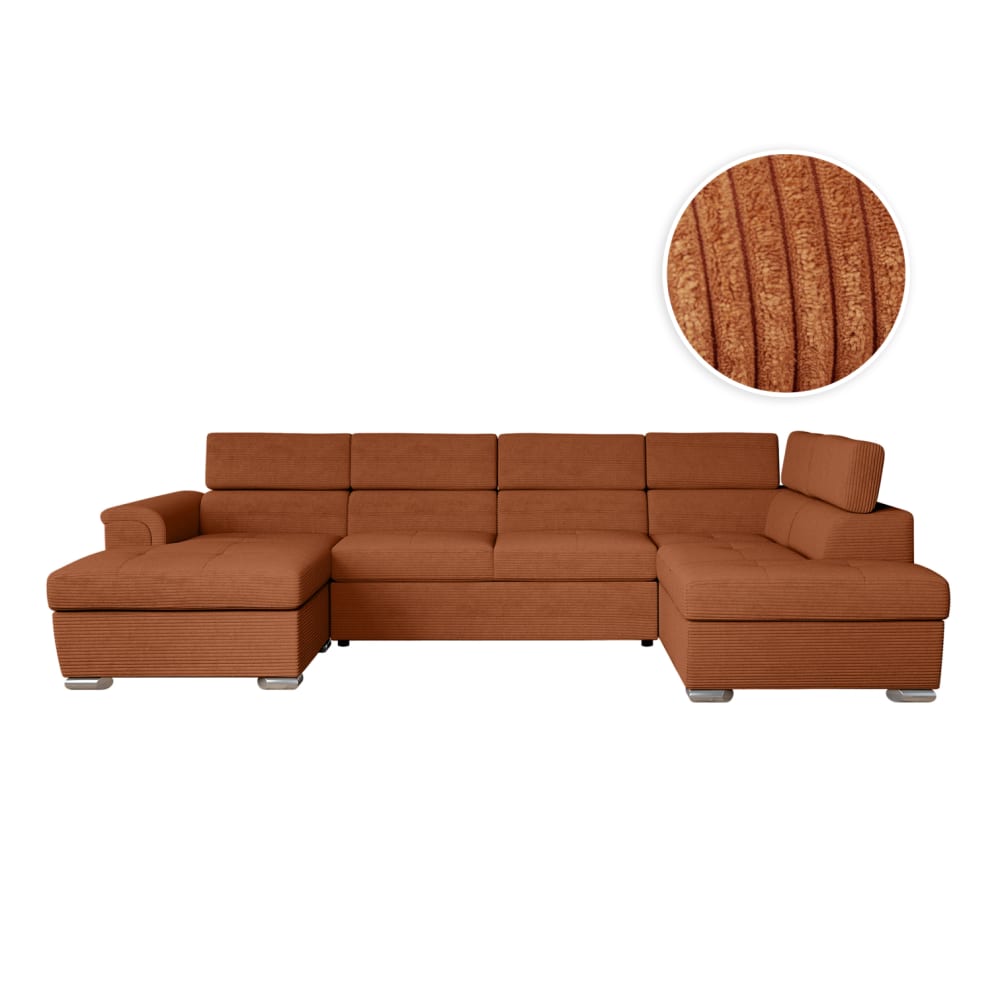 Canapé panoramique convertible 2 coffres en velours côtelé terracotta