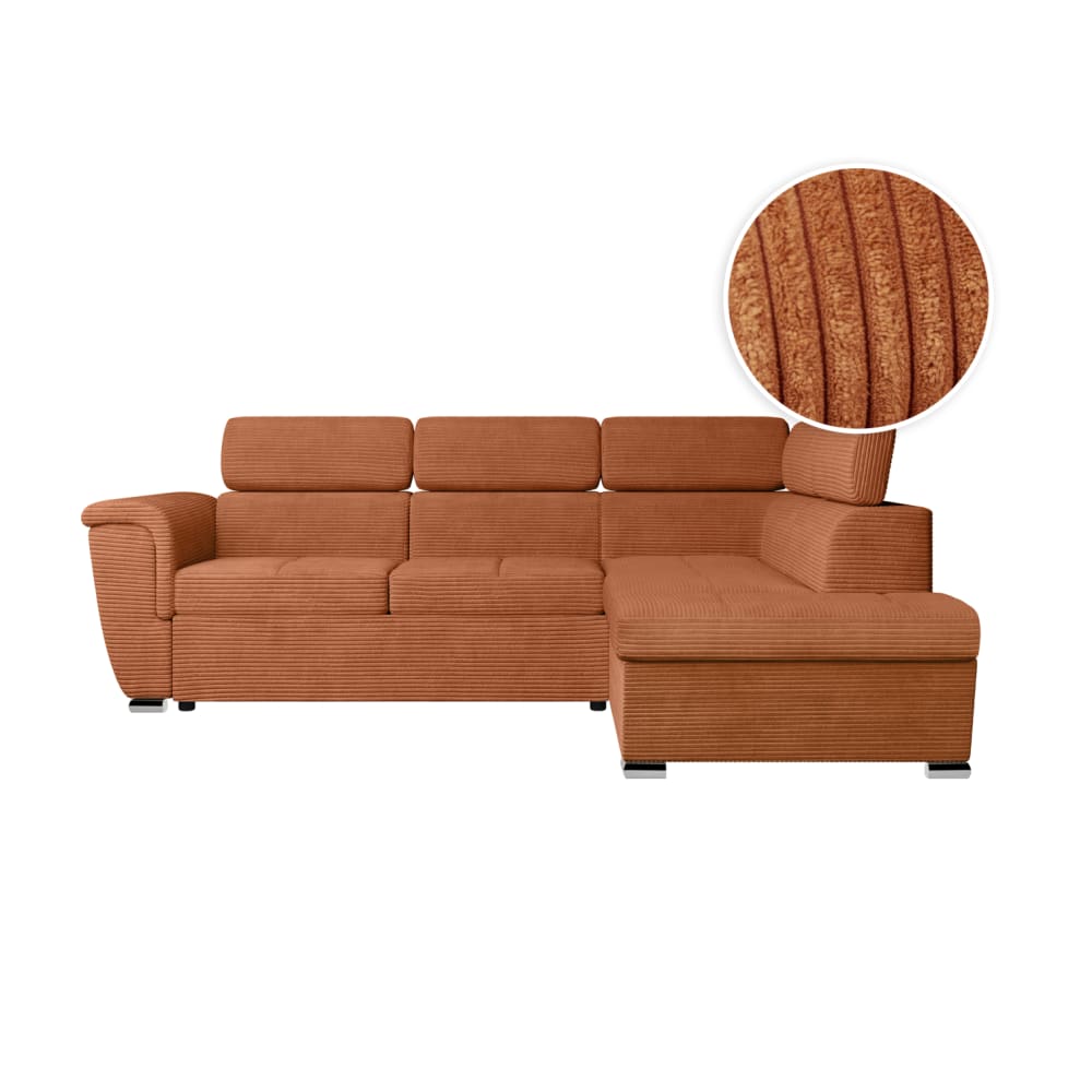 Canapé d'angle droit convertible en velours côtelé terracotta