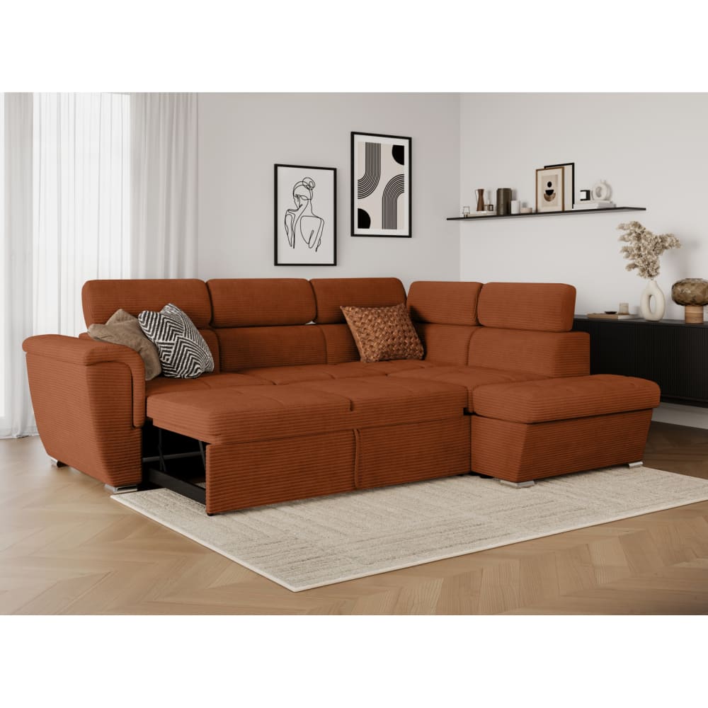 Canapé d'angle droit convertible en velours côtelé terracotta