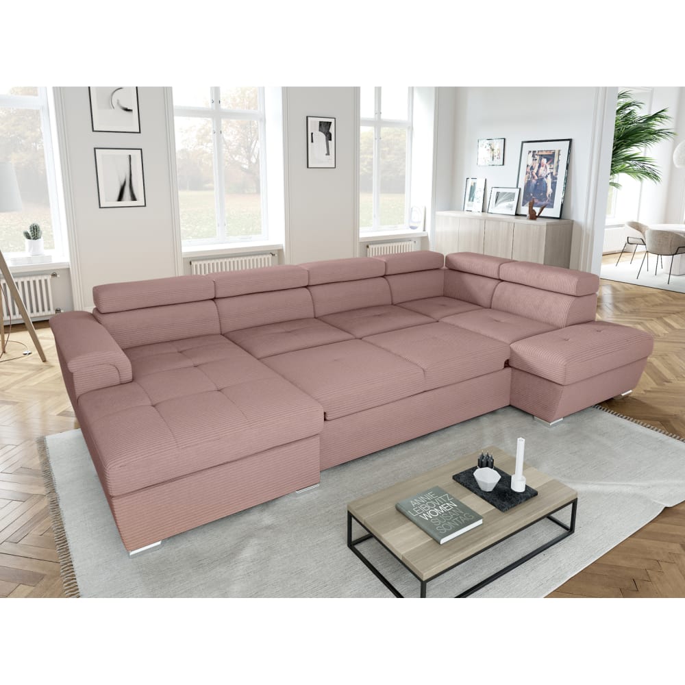 Canapé panoramique convertible 2 coffres en velours côtelé rose
