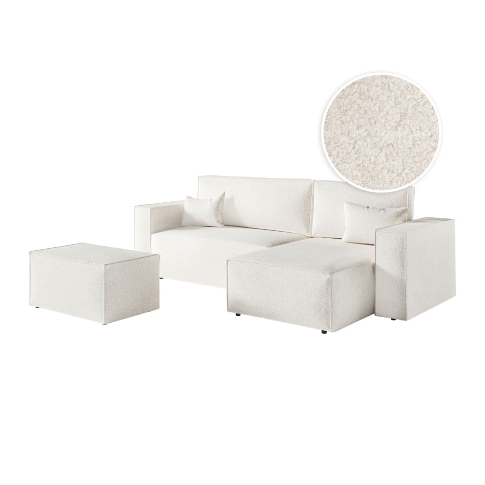 Canapé d'angle réversible avec pouf en tissu bouclette - Blanc