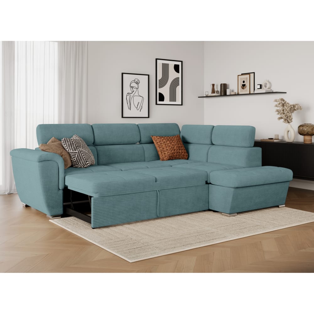 Canapé d'angle droit convertible en velours côtelé bleu clair