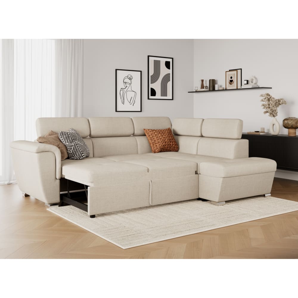 Canapé d'angle droit convertible, tissu beige - méridienne 188cm - Maisons du Monde