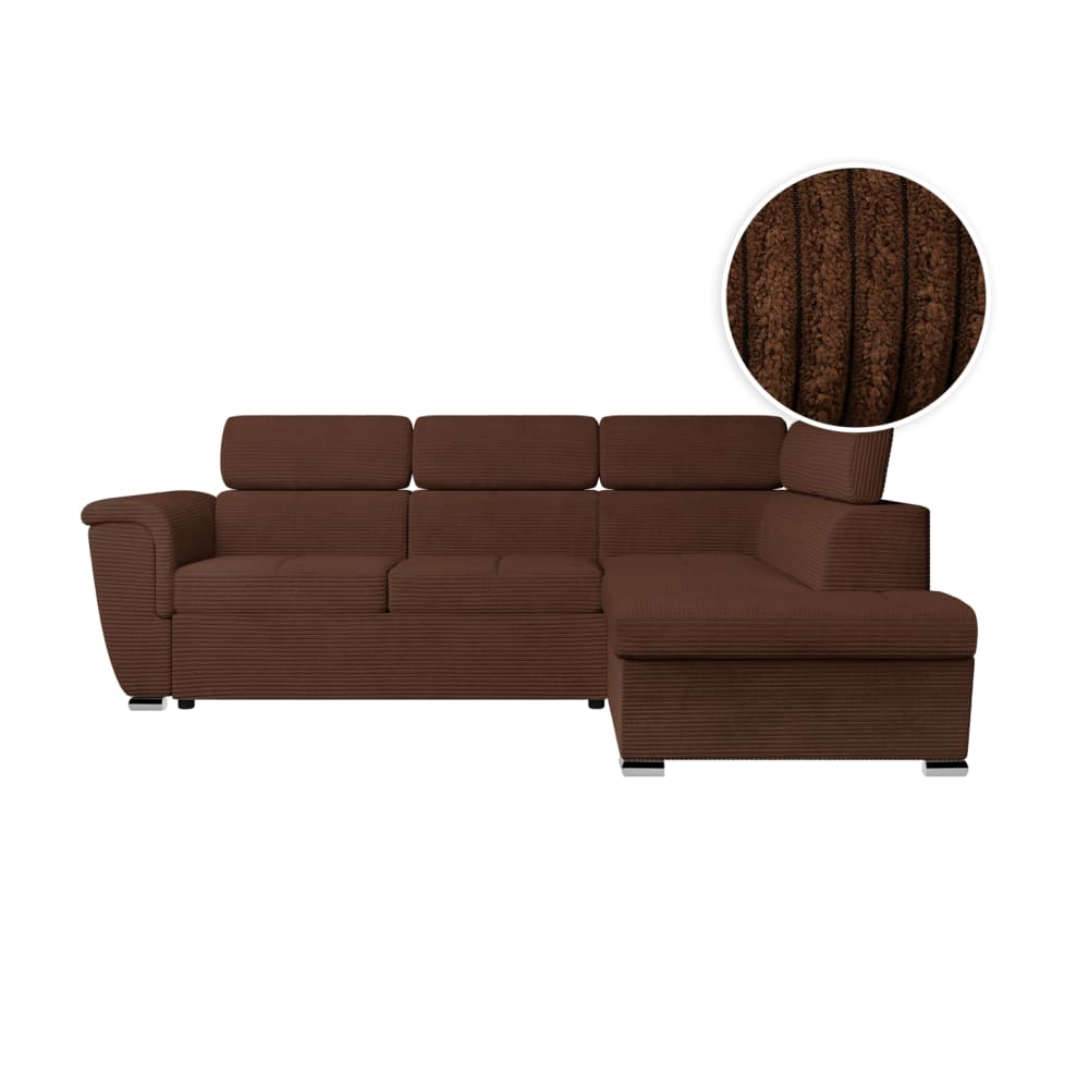 Canapé d'angle droit convertible avec coffre en velours côtelé marron