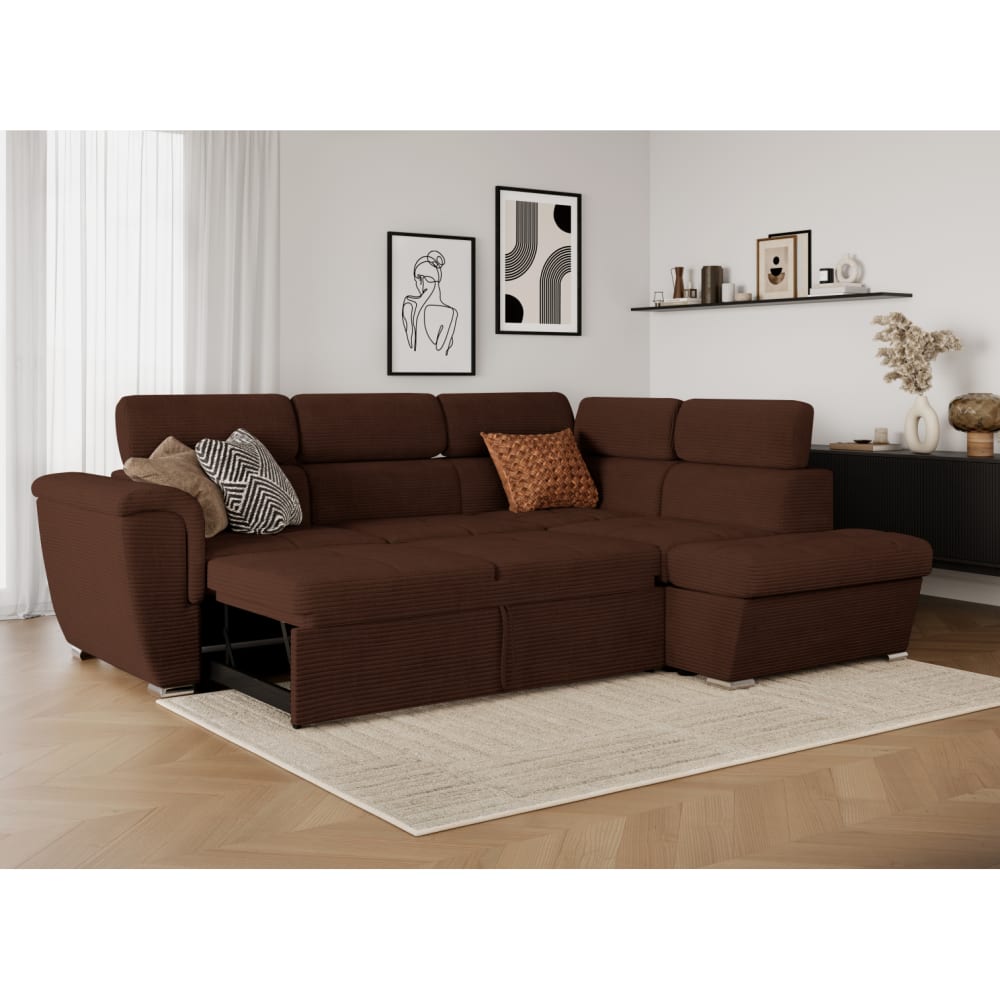 Canapé d'angle droit convertible avec coffre en velours côtelé marron
