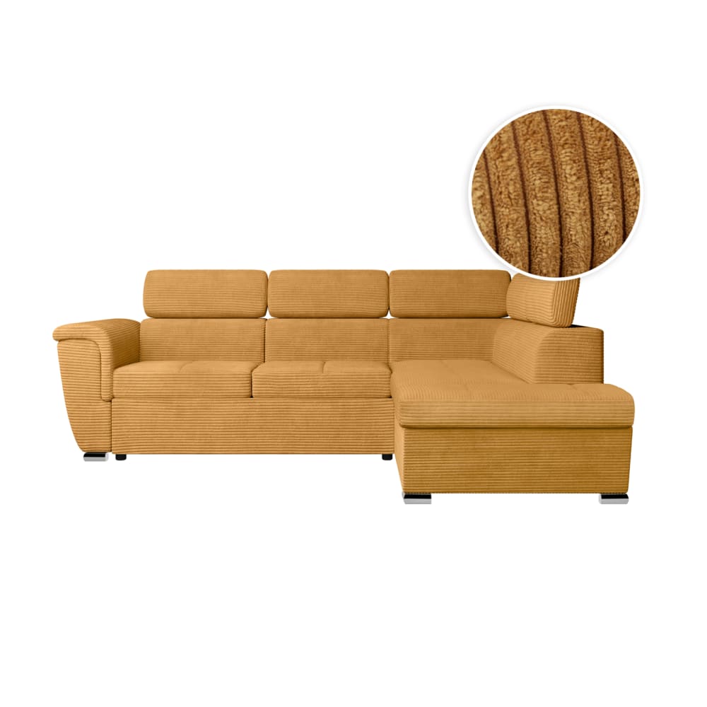Canapé d'angle droit convertible avec coffre en velours côtelé jaune