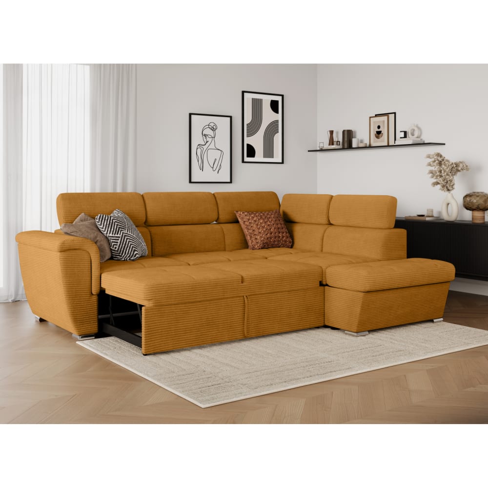 Canapé d'angle droit convertible avec coffre en velours côtelé jaune - Maisons du Monde