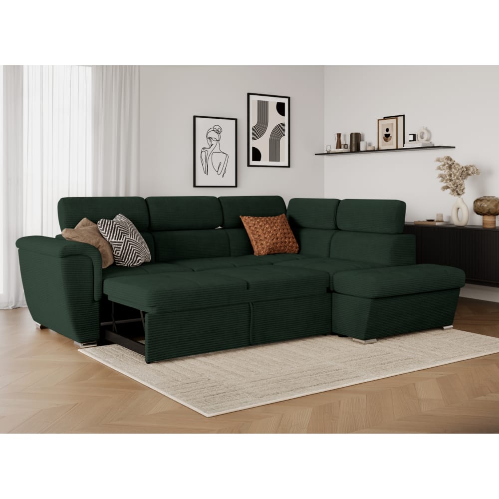 Canapé d'angle droit convertible en velours côtelé vert foncé