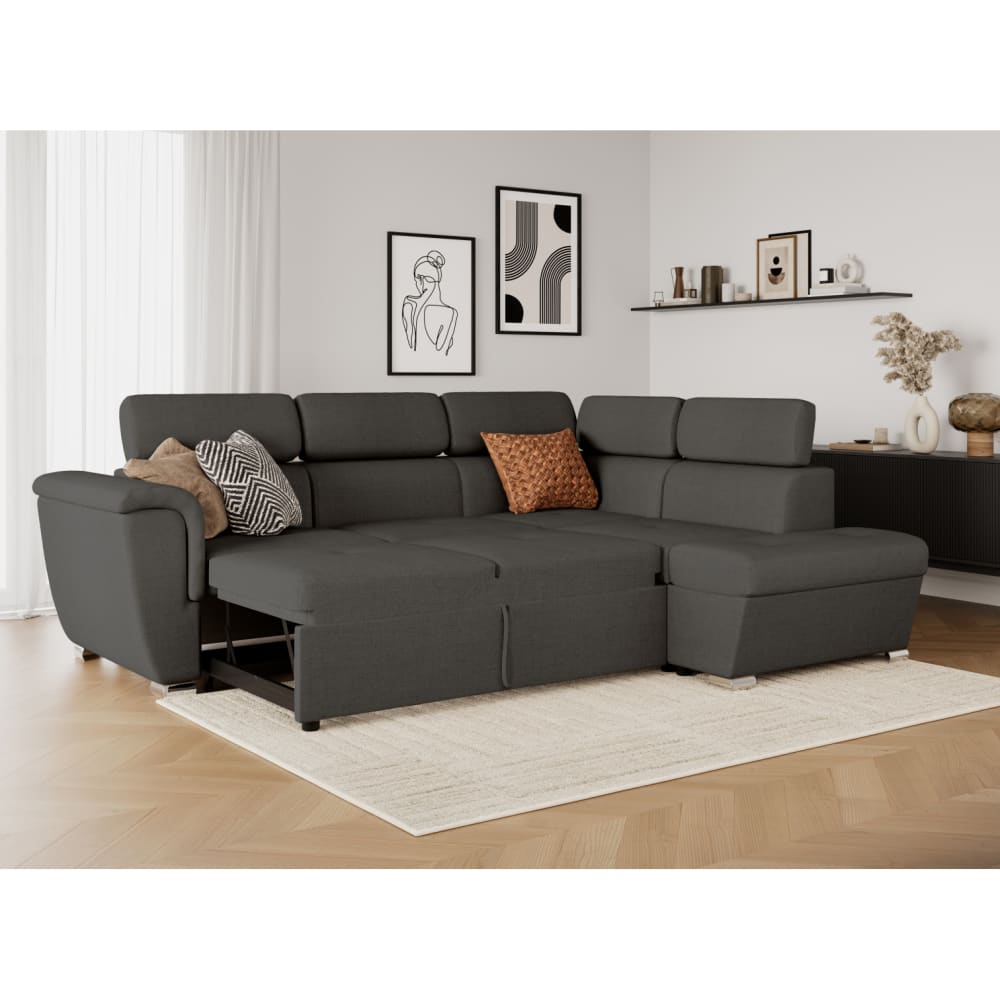 Canapé d'angle droit convertible, tissu gris foncé - méridienne 188cm