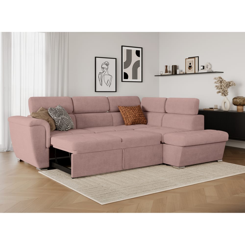Canapé d'angle droit convertible avec coffre en velours côtelé rose