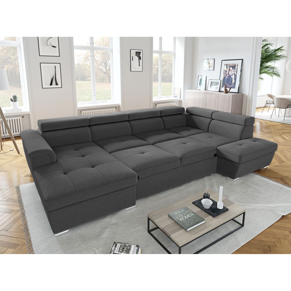 Canapé d'angle droit panoramique en tissu gris foncé