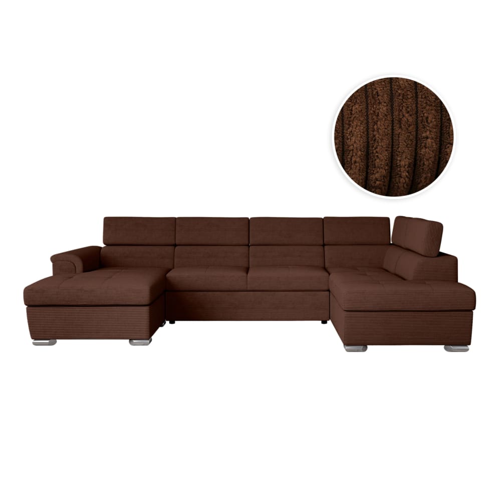 Canapé panoramique convertible avec 2 coffres en velours côtelé marron