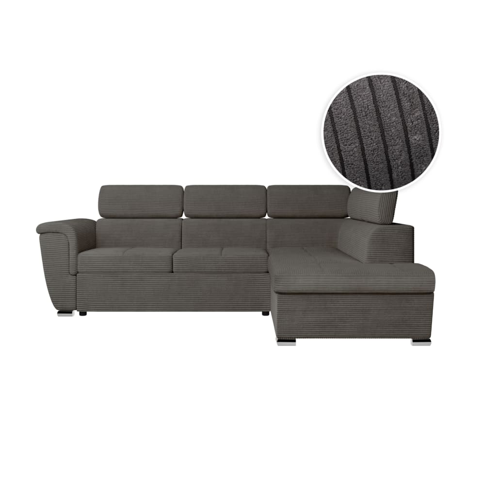Canapé d'angle droit convertible avec coffre en velours côtelé gris