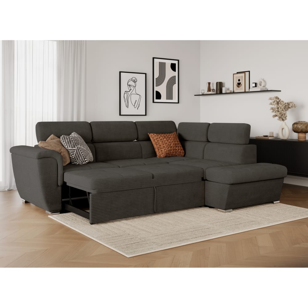 Canapé d'angle droit convertible avec coffre en velours côtelé gris
