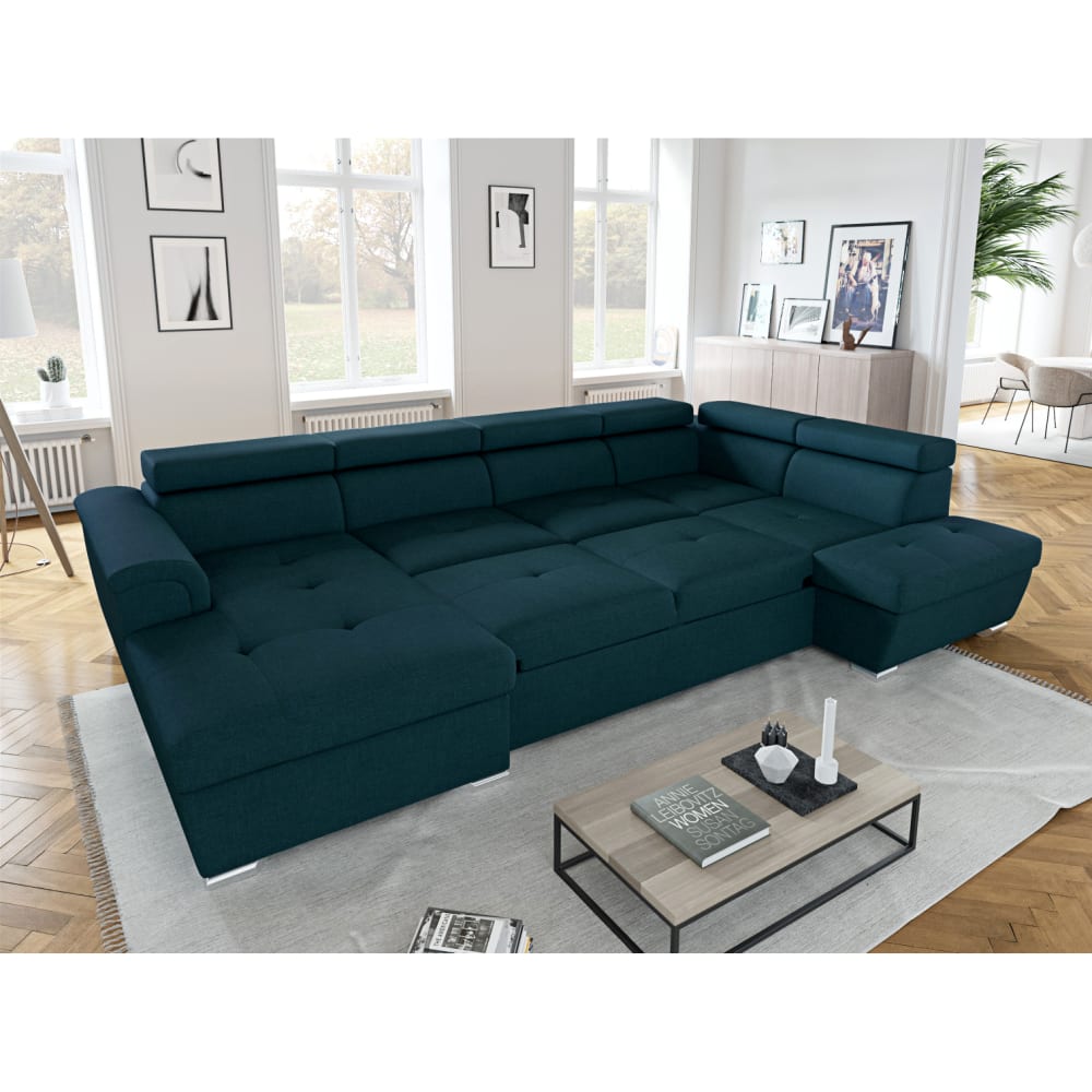 Canapé d'angle droit panoramique en tissu bleu - Maisons du Monde