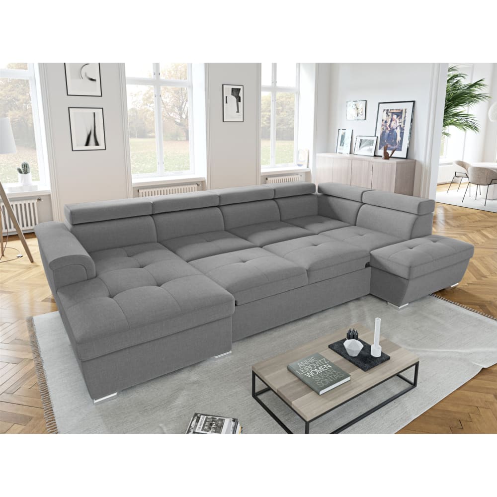 Canapé d'angle droit panoramique en tissu gris clair