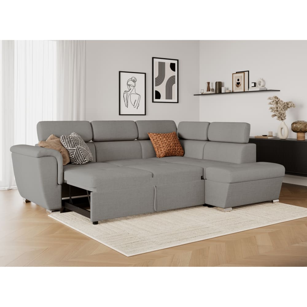 Canapé d'angle droit convertible, tissu gris clair - méridienne 188cm