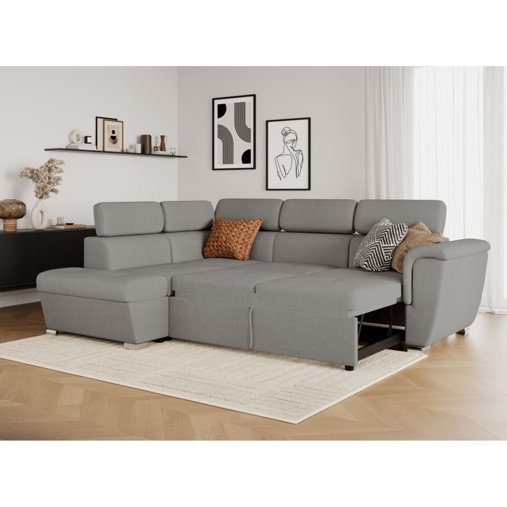 Canapé d'angle gauche convertible, tissu gris clair - méridienne 188cm - Maisons du Monde