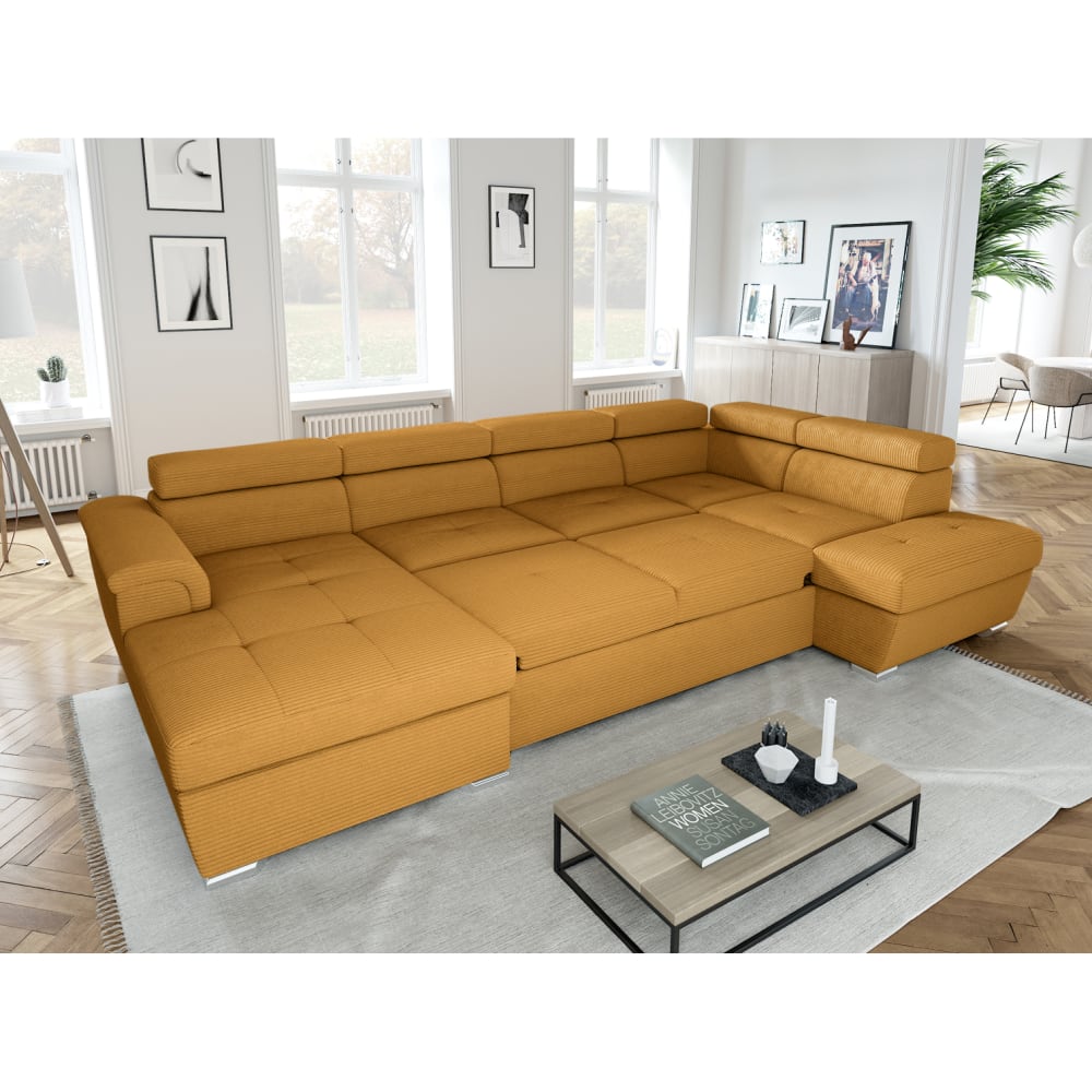 Canapé panoramique convertible avec 2 coffres en velours côtelé jaune - Maisons du Monde