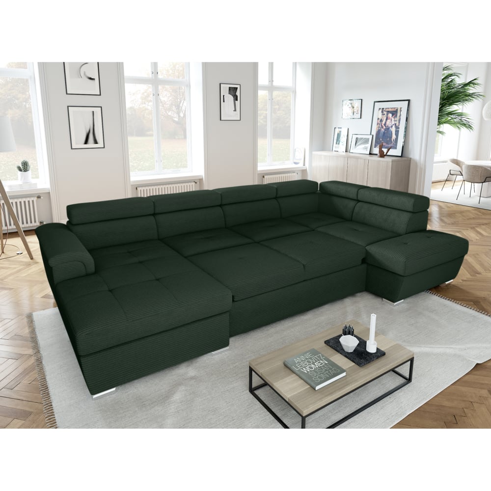 Canapé panoramique convertible 2 coffres en velours côtelé vert foncé