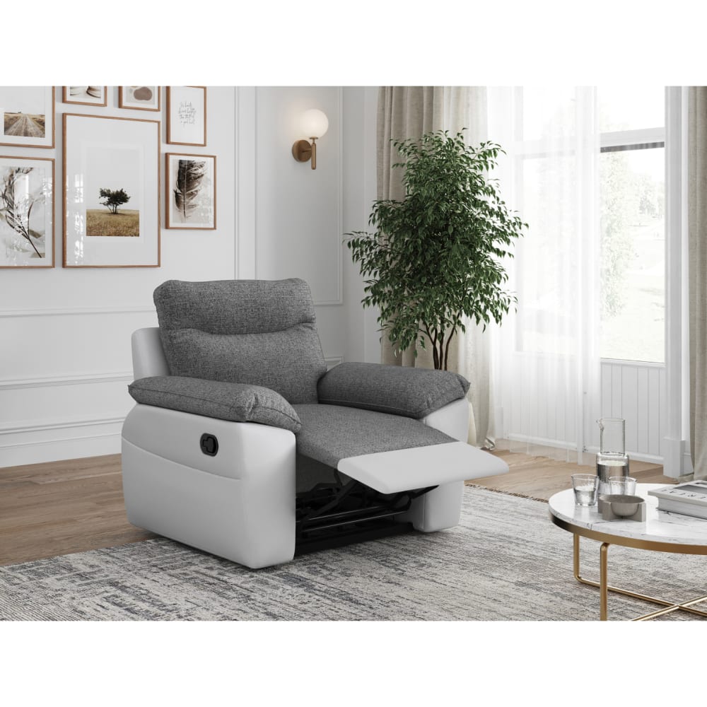 Fauteuil de relaxation manuel en tissu et simili - Blanc/Gris