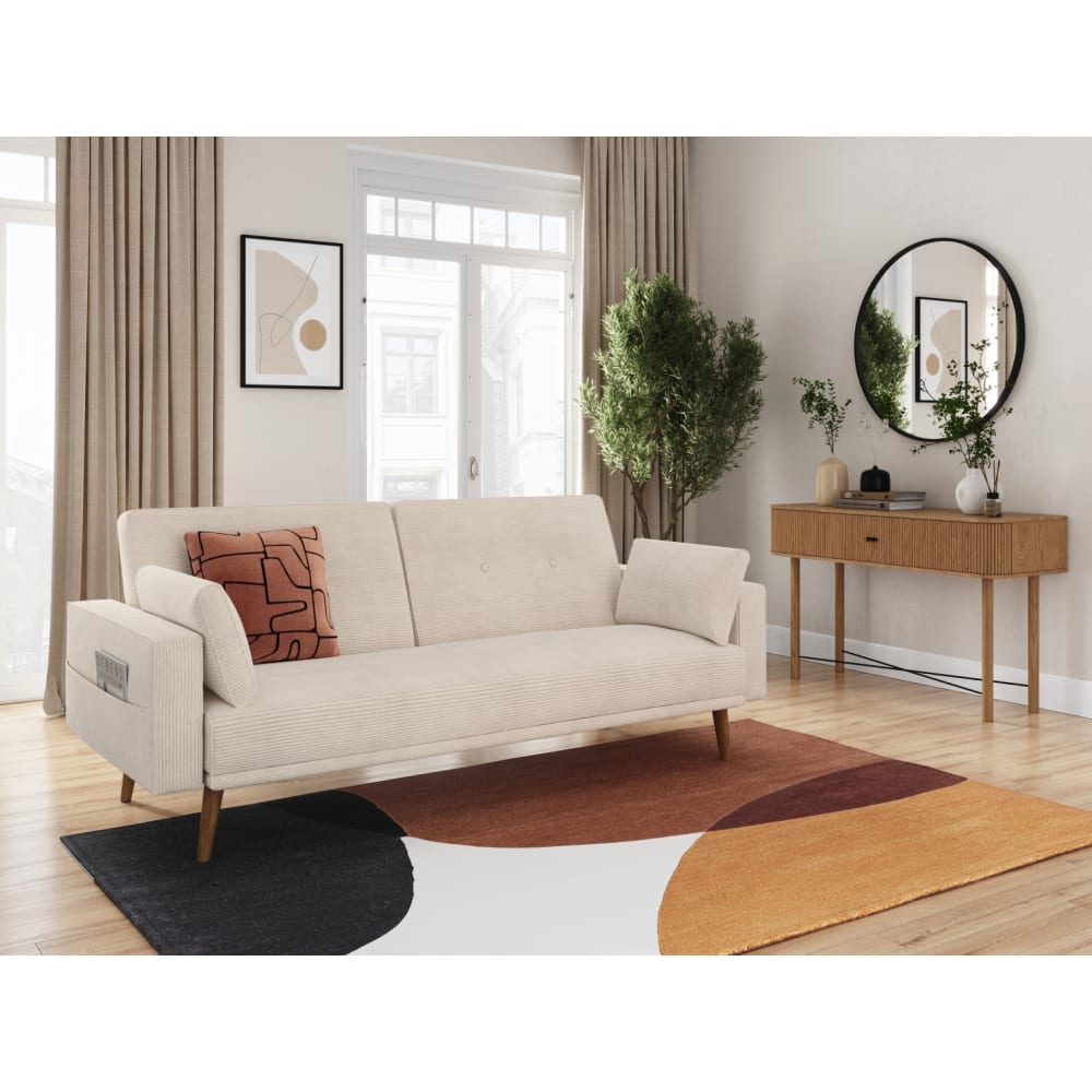 Canapé droit scandinave convertible 3 places en velours côtelé beige