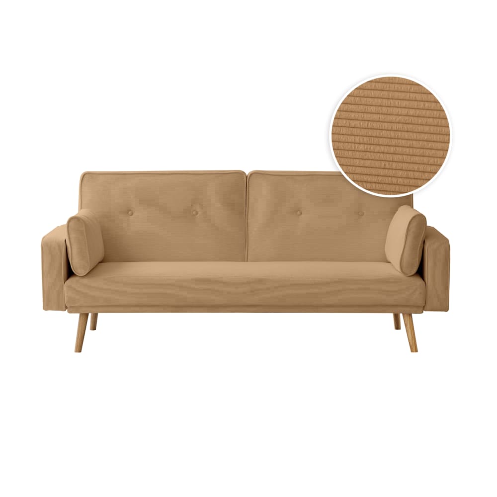 Canapé droit scandinave convertible 3 places en velours côtelé taupe