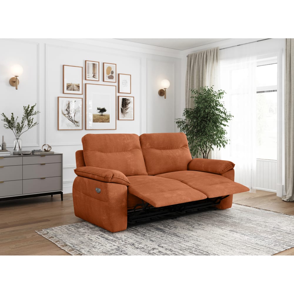 Canapé de relaxation électrique 3 places en velours côtelé terracotta