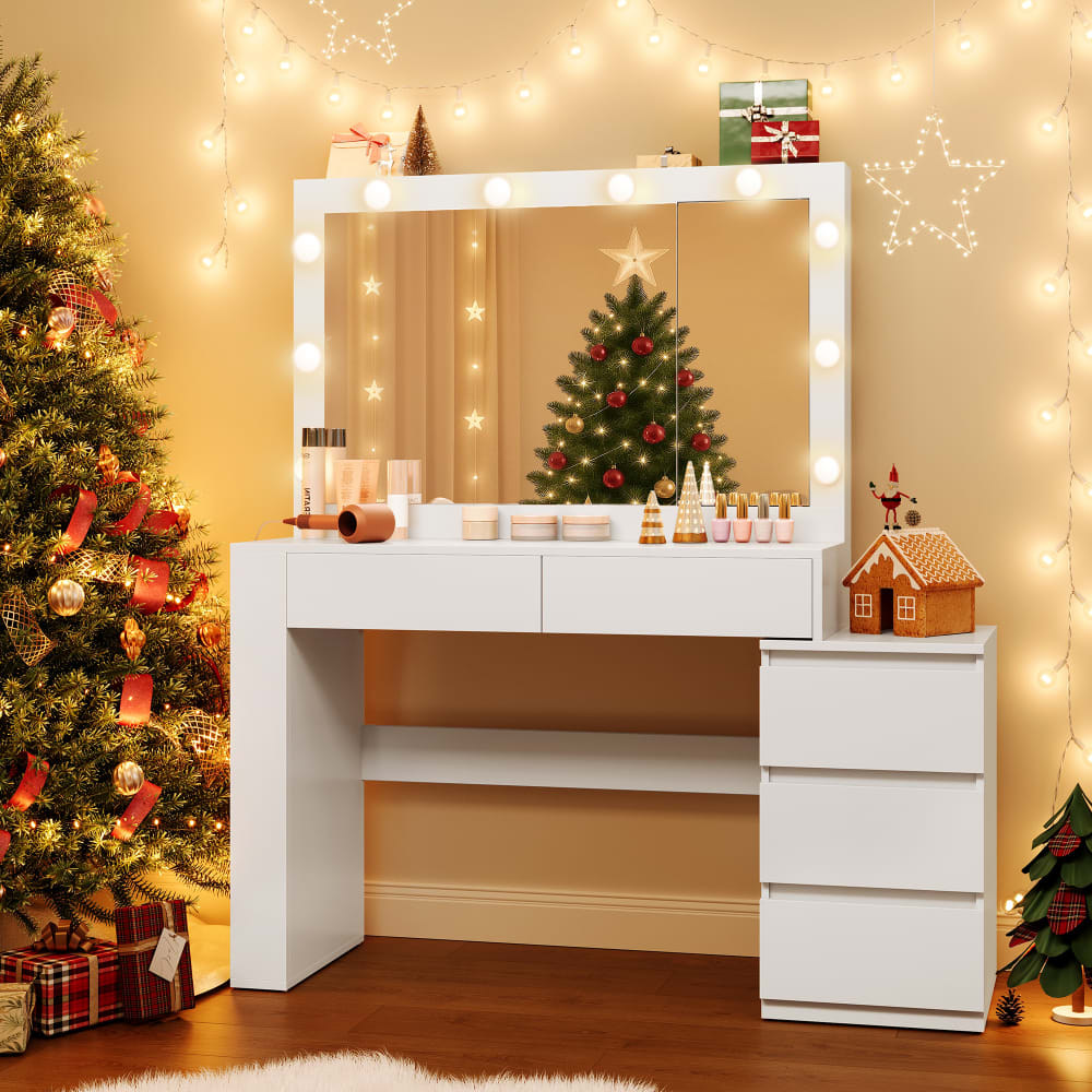 Coiffeuse avec miroir et 10 ampoules 5 tiroirs 125 x 40 x 140 cm blanc - Maisons du Monde