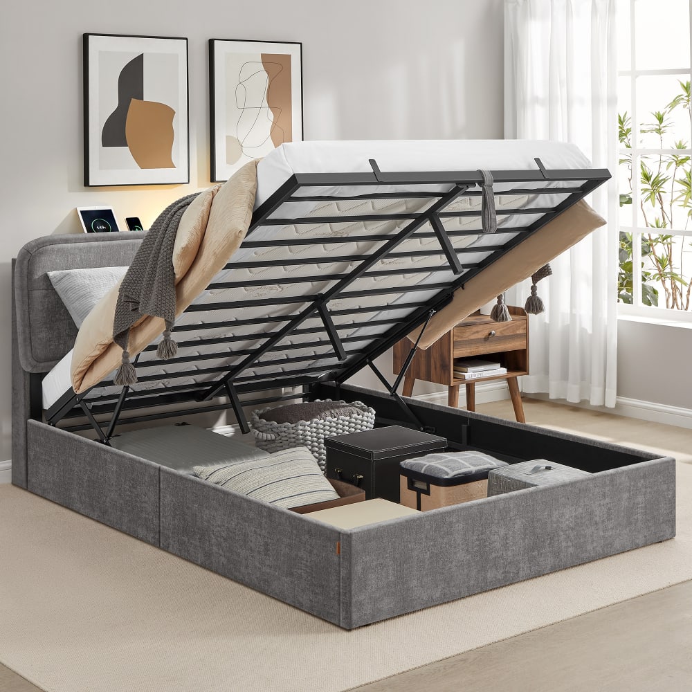 Lit double sommier relevable ports de charge 140 x 190 cm gris ardoise