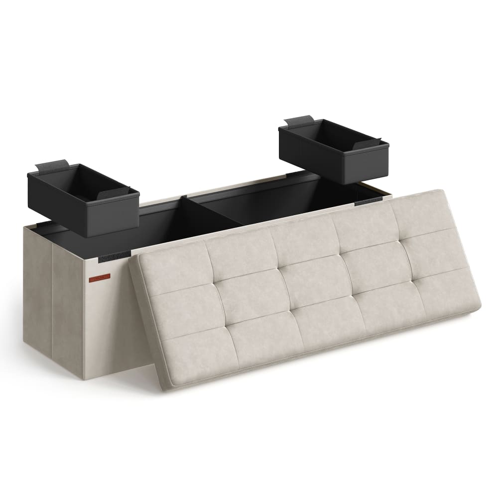 SONGMICS Banc de rangement pliable tabouret avec espace 300 kg blanc et crème style contemporain - Tissu
