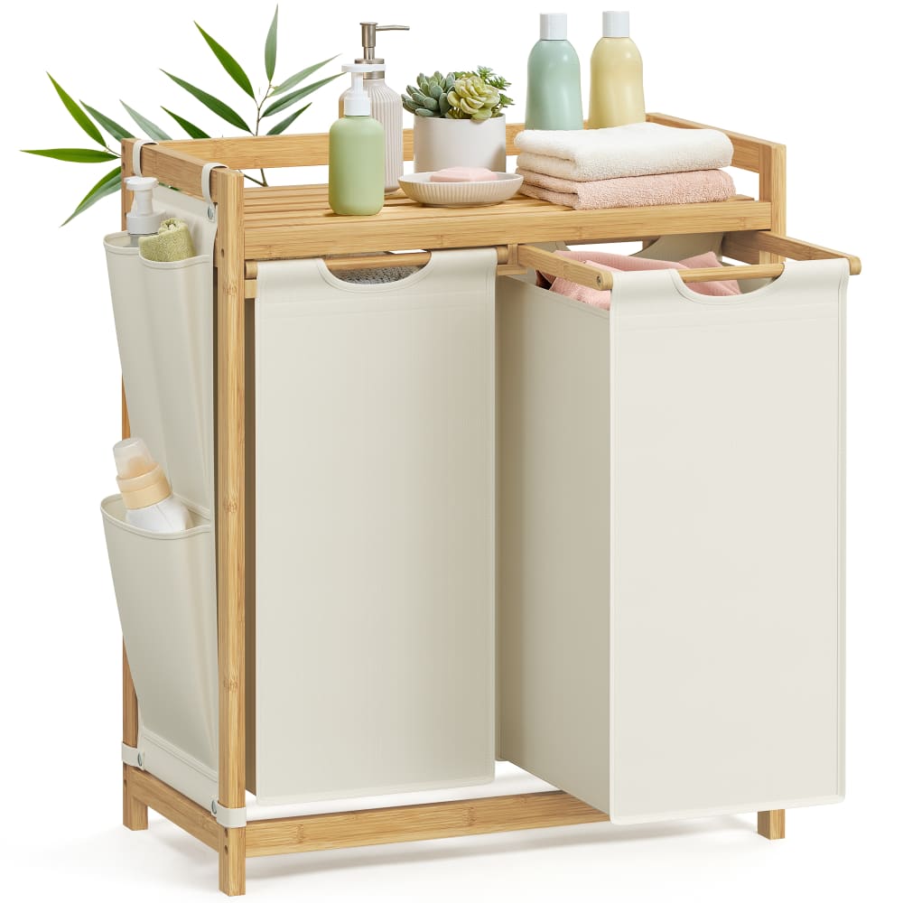 Panier à linge avec 2 compartiments en bambou 2 x 50 l blanc crème — vue 3