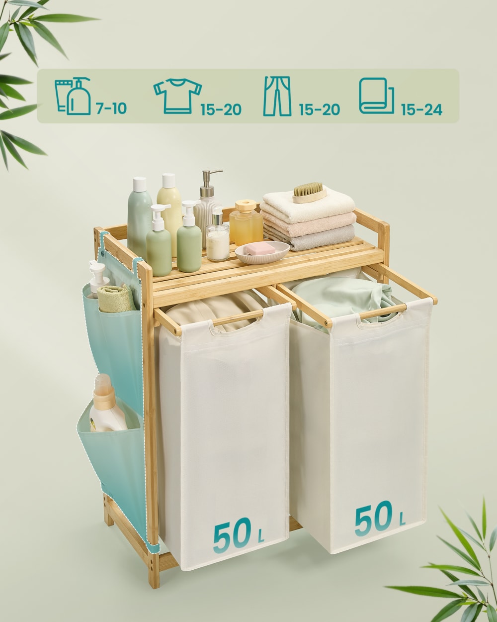 Panier à linge avec 2 compartiments en bambou 2 x 50 l blanc crème — vue 4
