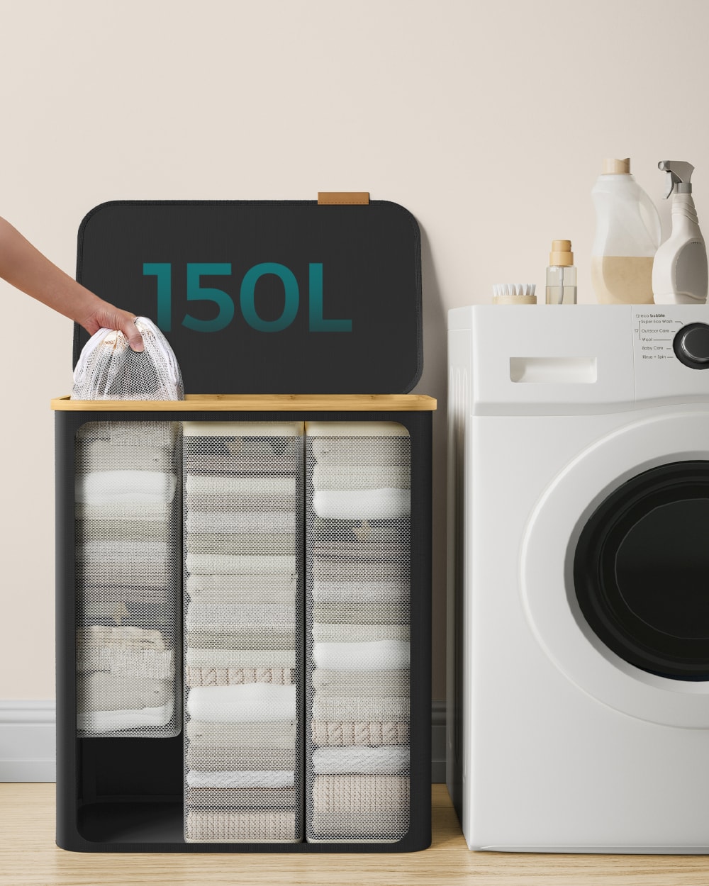 Panier à linge avec couvercle à 3 compartiments 150l pliable noir — vue 3