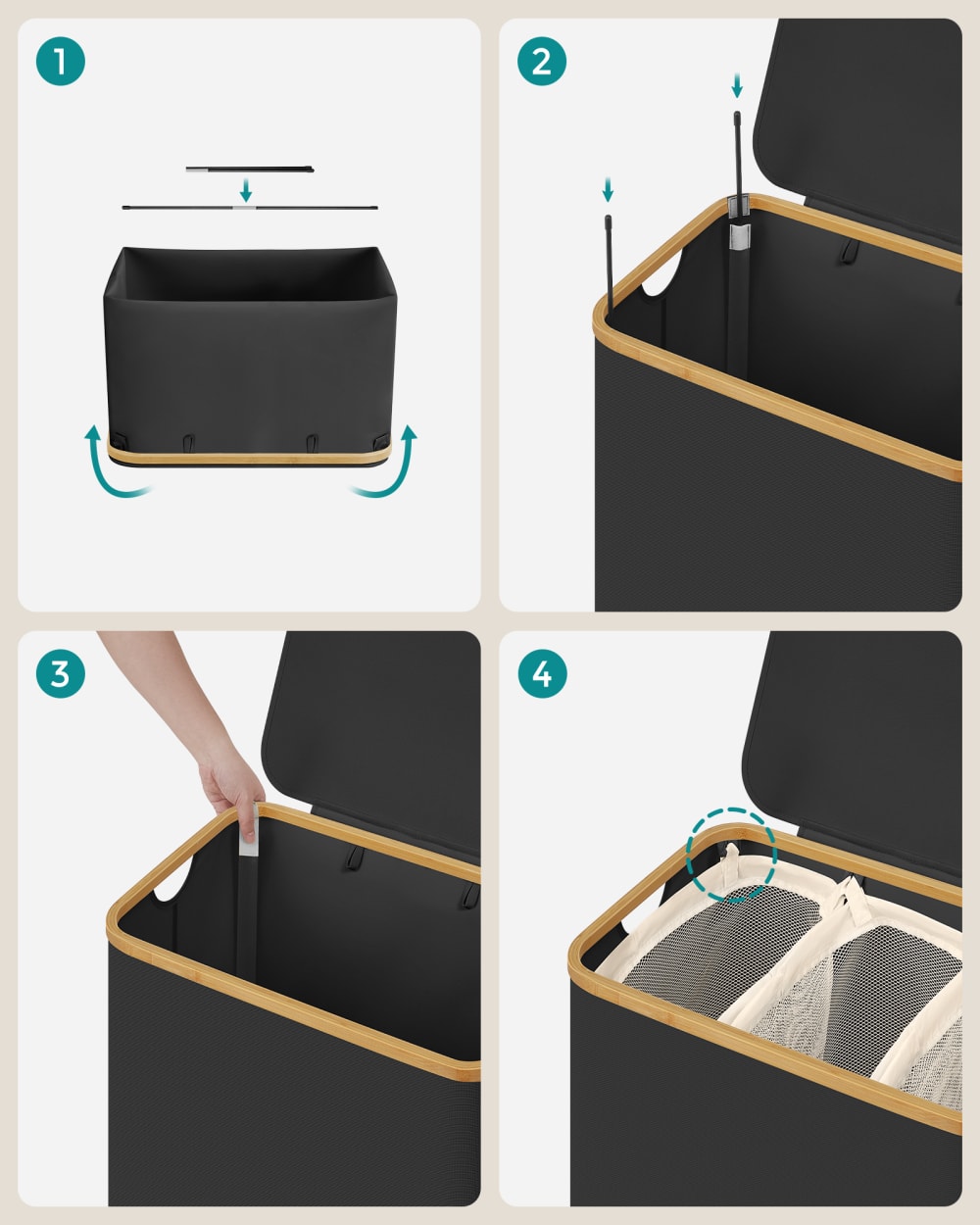 Panier à linge avec couvercle à 3 compartiments 150l pliable noir — vue 4