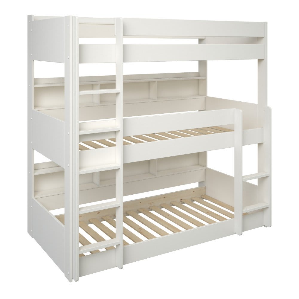 Lit superposé triple avec rangements pin massif blanc 90x200 - Maisons du Monde