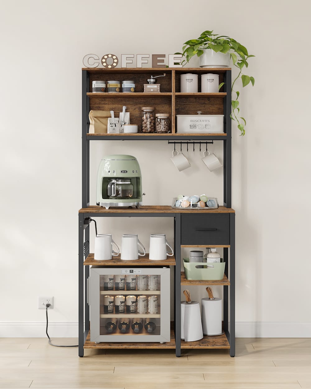 Étagère de cuisine avec multiprise support pour micro-ondes marron