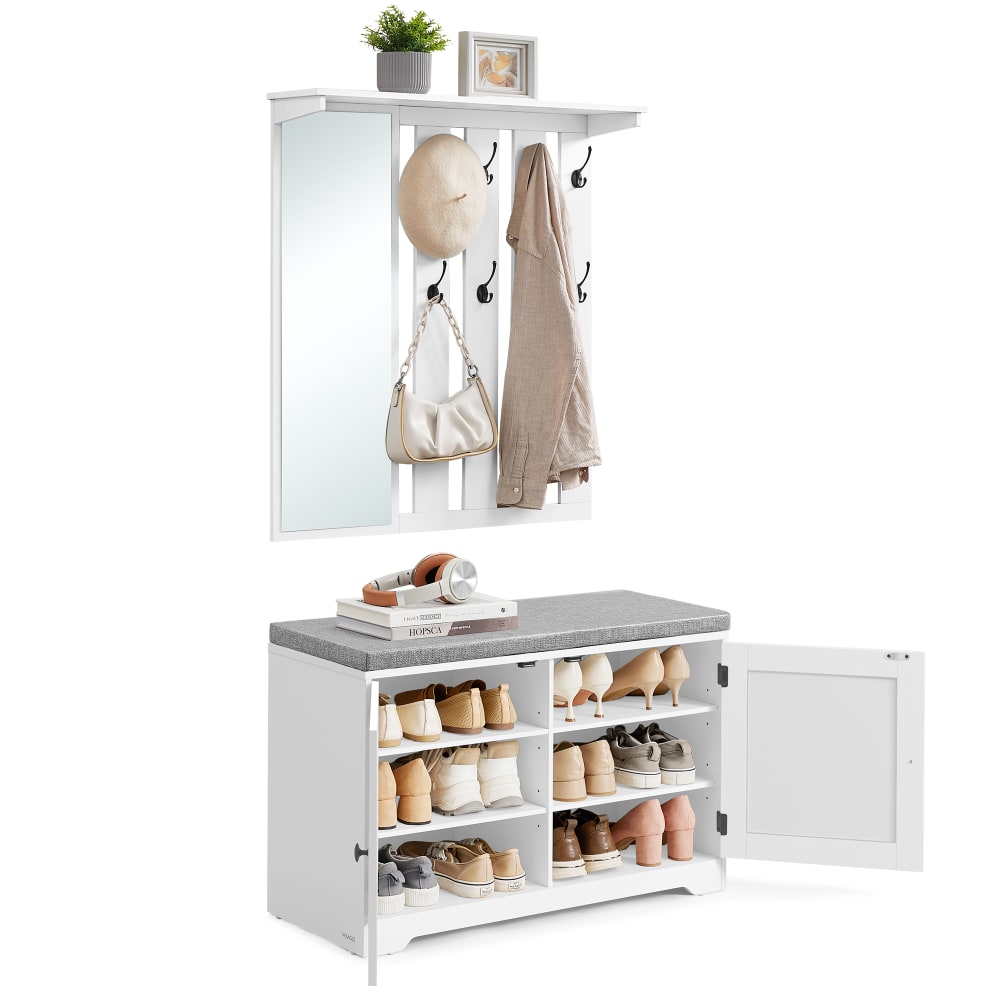 VASAGLE Vestiaire d'entrée avec miroir et banc à chaussures meuble 80 cm blanc style contemporain Blanc Panneau De Particules - 82x142x31cm