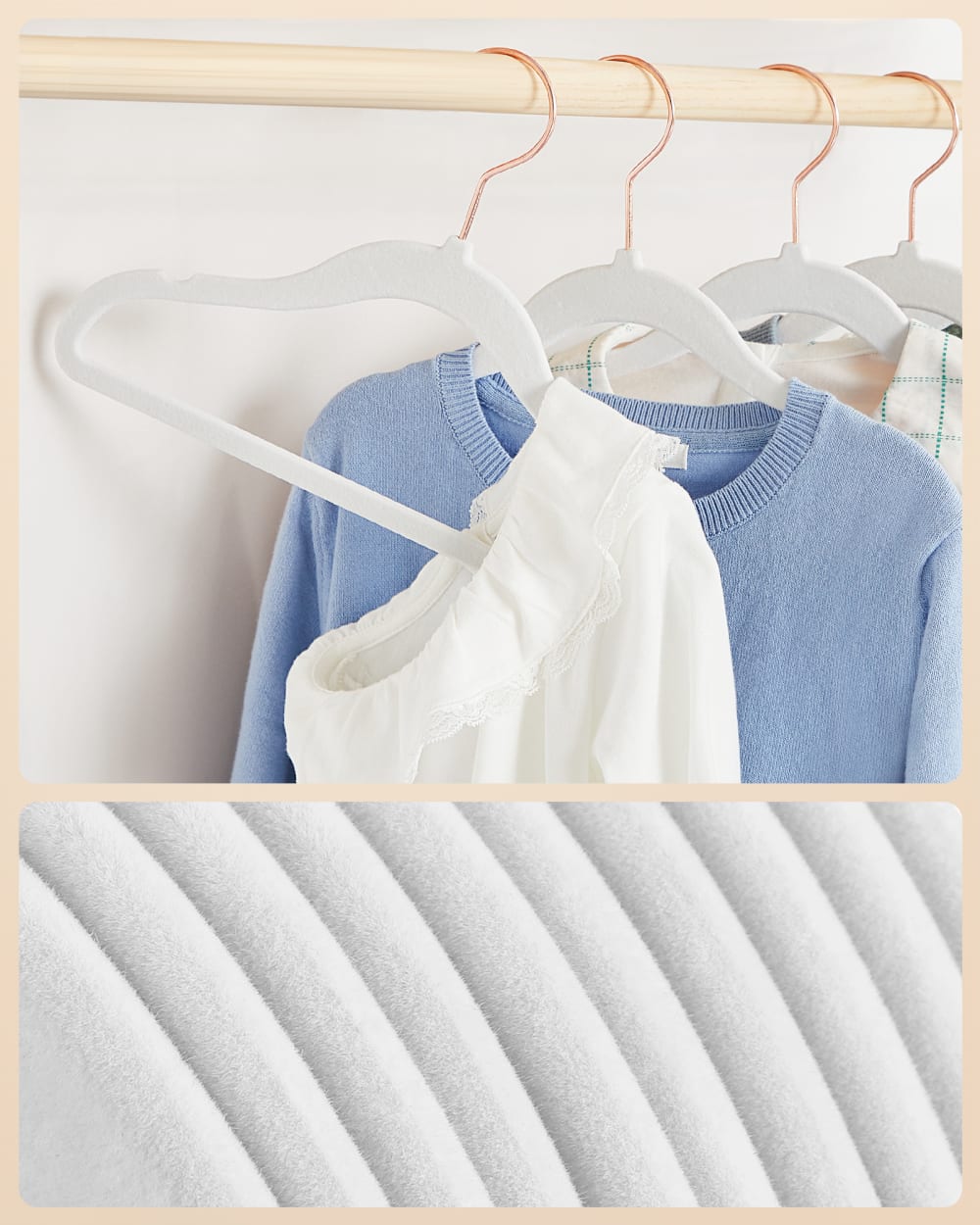 Cintres enfants en velours avec crochets or pivotants rose et blanc — vue 4