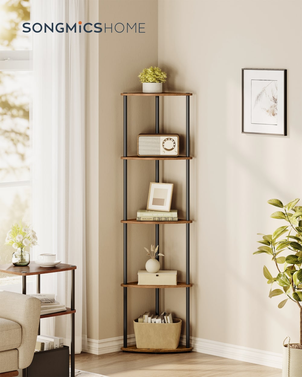 Étagère d'angle avec 5 niveaux pour salon chambre cuisine marron