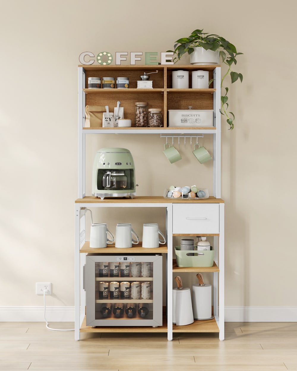 VASAGLE Étagère de cuisine avec 4 prises 80 x 40 x 180.8 cm doré et blanc style vintage Beige Panneau De Particules - 80x180x40cm