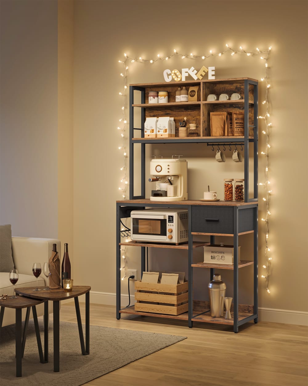 Étagère de cuisine avec multiprise étagères réglables marron