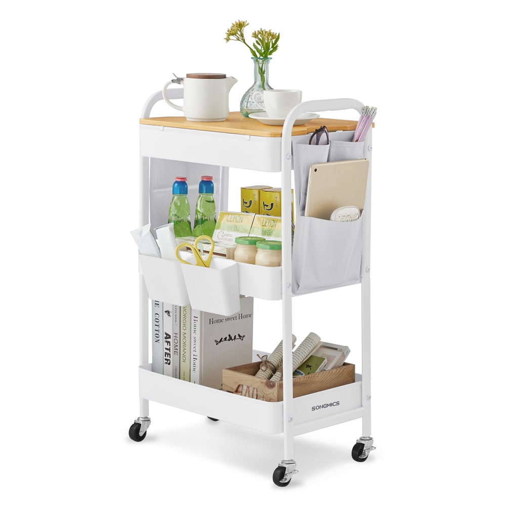 Chariot de rangement à 3 niveaux avec table supérieure doré et blanc Chariot de rangement à 3 niveaux avec table supérieure doré et blanc